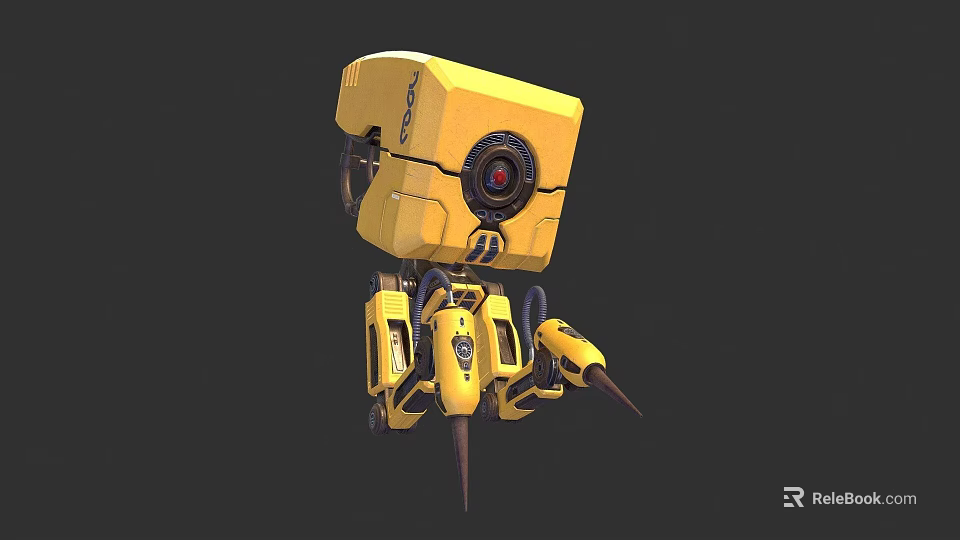 Yellow Cube Shaped Robot Creature With Camera Eye Mechanical Arms And Spiked Legs 3d model 