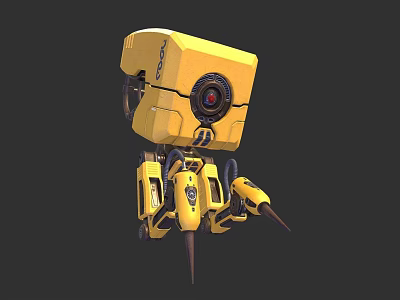 Yellow Cube Shaped Robot Creature With Camera Eye Mechanical Arms And Spiked Legs 3d model