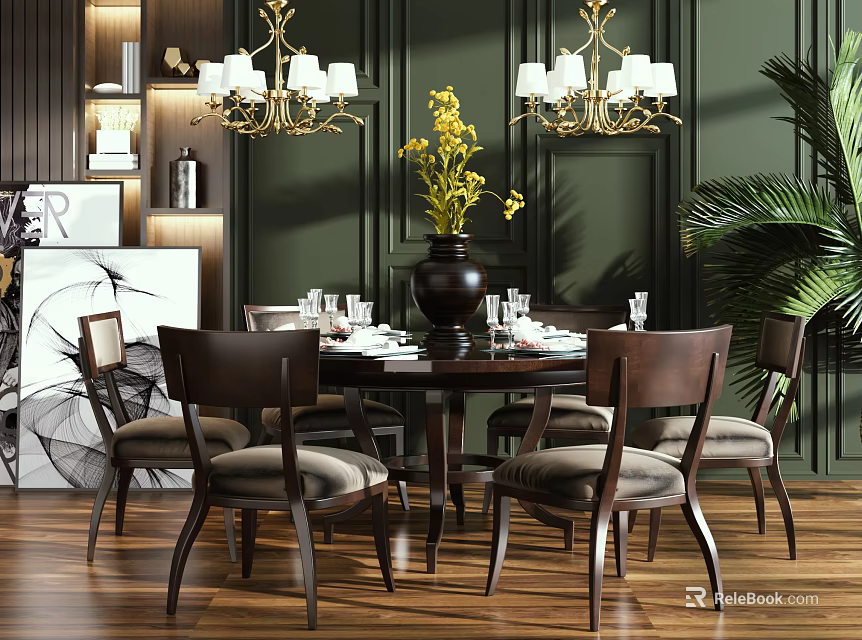 Elegant Dining Table Set With Brown Chairs Yellow Flower Vase Chandeliers And Wooden Flooring 3d model 