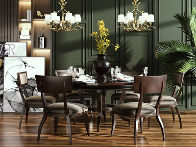 Elegant Dining Table Set With Brown Chairs Yellow Flower Vase Chandeliers And Wooden Flooring 3d model