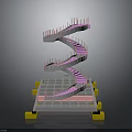 Detailed Spiral Staircase 3D Model With Pink Steps Metal Frame Base And Yellow Support Blocks