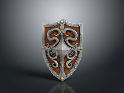 Ornate Classic Metal Shield With Two Snake Design And Golden Rivets 3d model