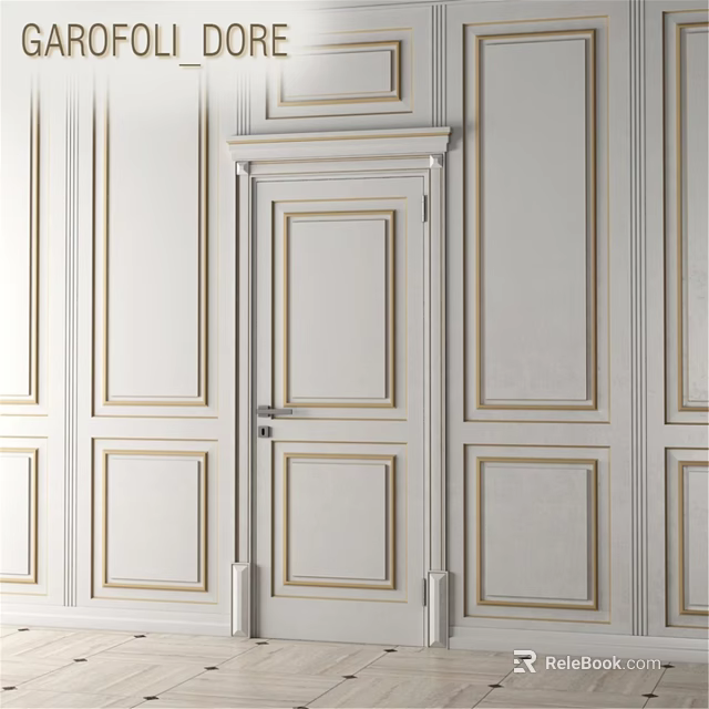 Elegant White Hinged Door With Gold Trim And Classic Wainscoting Panels 3d model 
