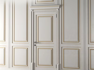 Elegant White Hinged Door With Gold Trim And Classic Wainscoting Panels 3d model