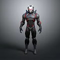 Game Movie Character with Futuristic Black Armor Red Accents and White Black Helmet