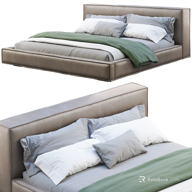 Modern Double Bed With Leather Headboard Gray White Pillows And Green Throw Blanket 3d model