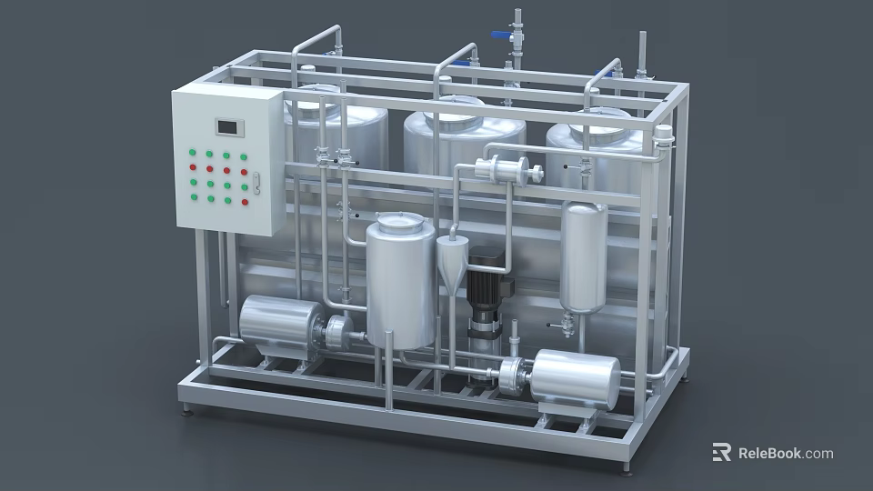 Stainless Steel Industrial Equipment with Multiple Tanks Pipes and Control Panel 3d model 