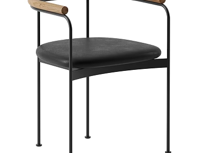 Modern Single Chair With Black Metal Frame Black Leather Seat And Wooden Armrests 3d model