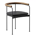 Modern Single Chair With Black Metal Frame Black Leather Seat And Wooden Armrests