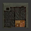 Cartoon Scene of Wooden House Interior with Two Story Loft Fireplace and Cozy Furniture Decor