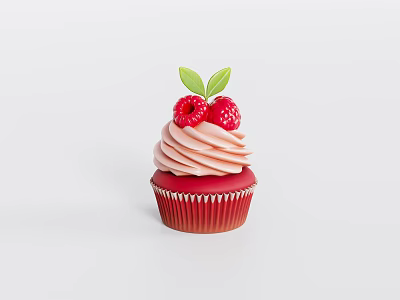 Red Paper Cupcake With Pink Swirled Frosting And Fresh Raspberries Topped With Green Leaf 3d model