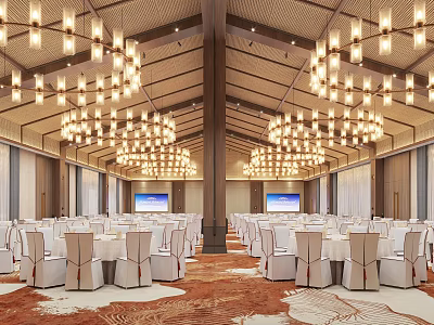 Elegant Spacious Banquet Hall Interior Design With Hanging Chandeliers Arranged Tables And Carpet 3d model