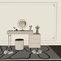 Modern Dressing Table With Round Mirror Cosmetic Bottles Potted Plant Stool And Decorative Wall Rug