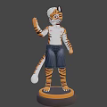 Cartoon Tiger Character With White Hair Blue Jeans Waving Hand Light Blue Background