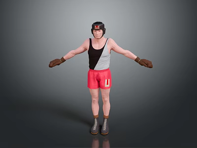 Man Wearing Boxing Helmet Black White Tank Top Red Shorts Gloves Standing With Arms Outstretched 3d model