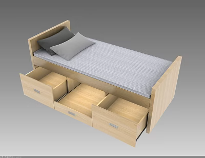 Light Wooden Single Bed With Underbed Storage Drawers Mattress And Gray Pillows 3d model