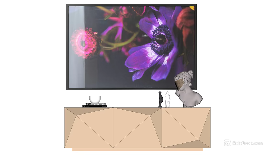 Botanical Painting With Purple Flowers Displayed On TV Screen And Geometric TV Stand 3d model 