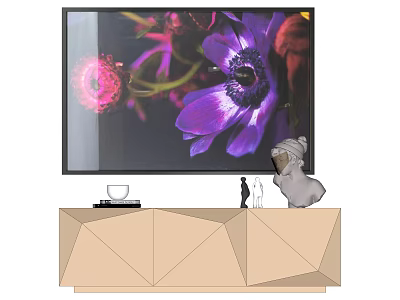 Botanical Painting With Purple Flowers Displayed On TV Screen And Geometric TV Stand 3d model
