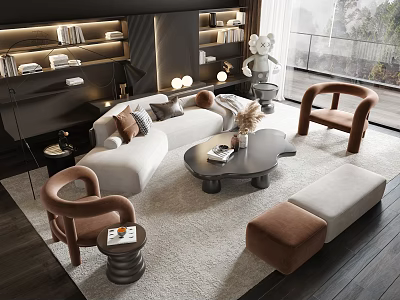 Modern Living Room Sofa Coffee Table Set With Armchairs Ottoman Area Rug And Decorative Pillows 3d model