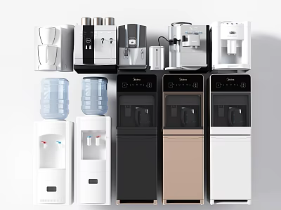 Daily Electrical Appliances Including Standing Water Dispensers in White Black Gold with Top Water Bottles 3d model