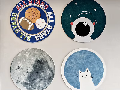 Round Rugs with All Stars Sports Balls Astronaut Moon and White Cat Designs 3d model