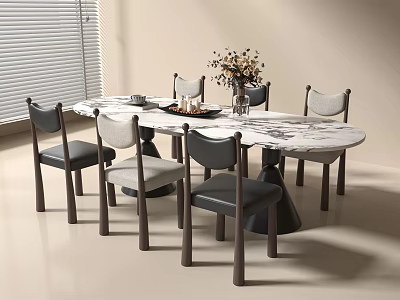 Round Marble Dining Table With Dark Wooden Leg Upholstered Chairs And Fresh Flower Vase Decor 3d model