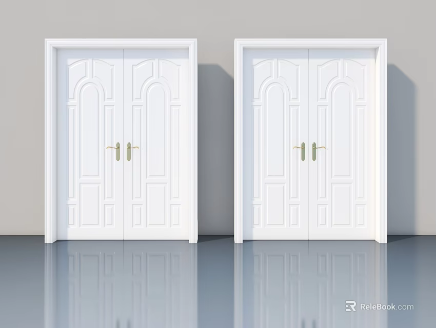 White Double Swing Doors With Golden Handles And Classic Panel Patterns 3d model