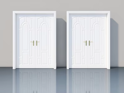 White Double Swing Doors With Golden Handles And Classic Panel Patterns 3d model