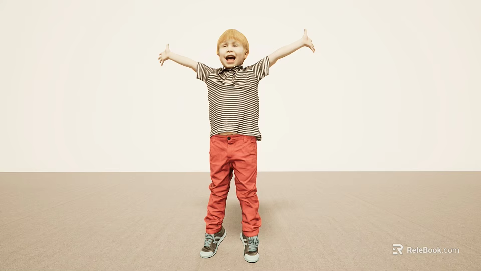Boy With Arms Outstretched In Striped Shirt Red Pants And Sneakers 3d model 