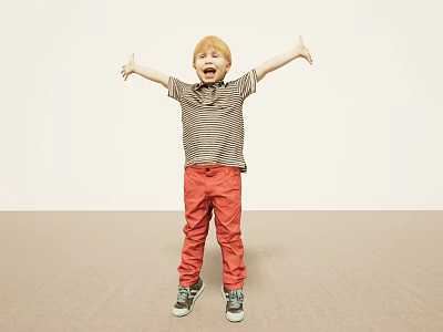 Boy With Arms Outstretched In Striped Shirt Red Pants And Sneakers 3d model