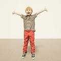 Boy With Arms Outstretched In Striped Shirt Red Pants And Sneakers