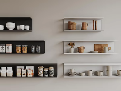 Stylish Kitchenware Display On Black And White Shelves With Bowls Mugs Jars And Plates 3d model