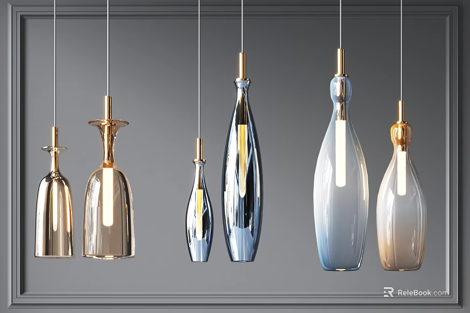 Various Designed Pendant Lights In Gold Blue And Transparent Colors Hanging On Gray Background 3d model 