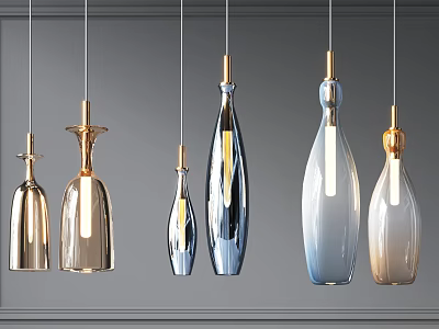 Various Designed Pendant Lights In Gold Blue And Transparent Colors Hanging On Gray Background 3d model