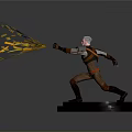 Man With Yellow Glowing Sparks Standing On Black Base With Wolf Head Symbol