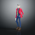 Game Movie Character With Red Coat Blue Pants Gray Hair Standing Pose Full Body