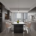 Modern Living and Dining Room Interior With Black Leather Sofa Coffee Table And Large Windows