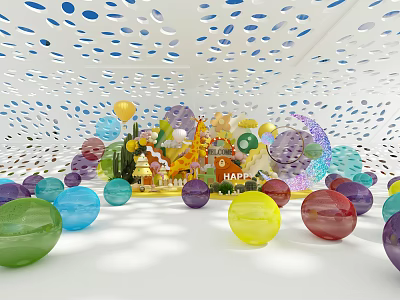 Vibrant Stage with Colorful Balloons Transparent Orbs Happy Sign under Perforated Ceiling on White Floor 3d model