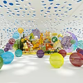 Vibrant Stage with Colorful Balloons Transparent Orbs Happy Sign under Perforated Ceiling on White Floor