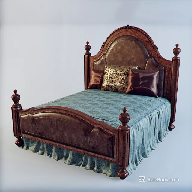 Classic Carved Wooden Double Bed With Leather Headboard Blue Bedspread And Decorative Pillows 3d model 