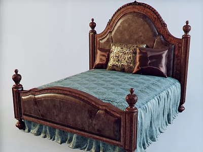 Classic Carved Wooden Double Bed With Leather Headboard Blue Bedspread And Decorative Pillows 3d model
