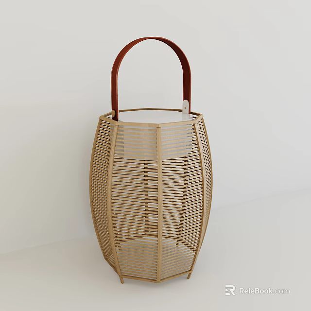 Beige Wicker Table Lamp With Brown Leather Handle And Woven Structure 3d model 
