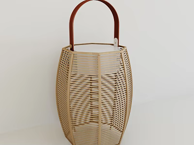 Beige Wicker Table Lamp With Brown Leather Handle And Woven Structure 3d model