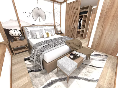 Natural Wooden Bedroom Interior With Double Bed And Wardrobe Table Lamp Decorative Fan Rug Stool 3d model