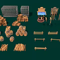 Wooden Craft Items Collection with Barrels Fences Ladders Crates and Logs for Scenes