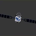 Orbital Satellite Structure with Blue Solar Panels and White Communication Antenna