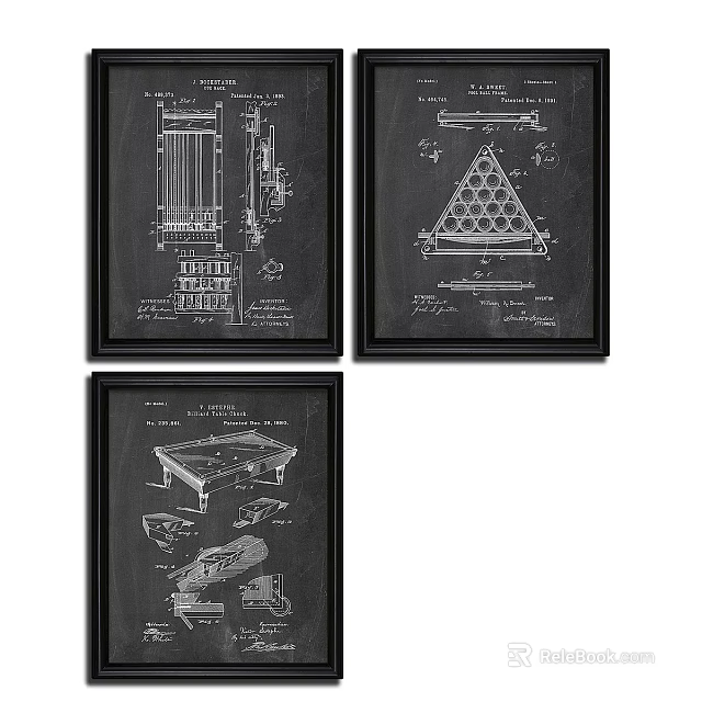 Vintage Framed Blueprint Posters Featuring Billiard Table And Triangle Designs 3d model 