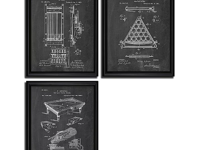 Vintage Framed Blueprint Posters Featuring Billiard Table And Triangle Designs 3d model
