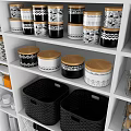 Organized Kitchenware Storage With Shelves Jars Baskets And Pans In Modern Kitchen