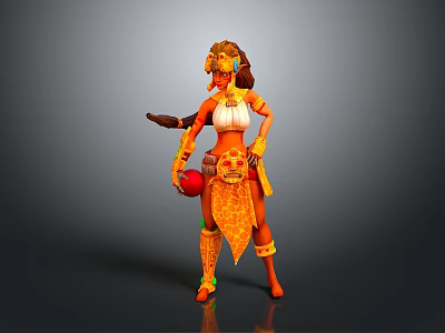 Game Movie Character With Feathered Headdress Orange Outfit Holding Red Ball Leopard Print Golden Decorations 3d model